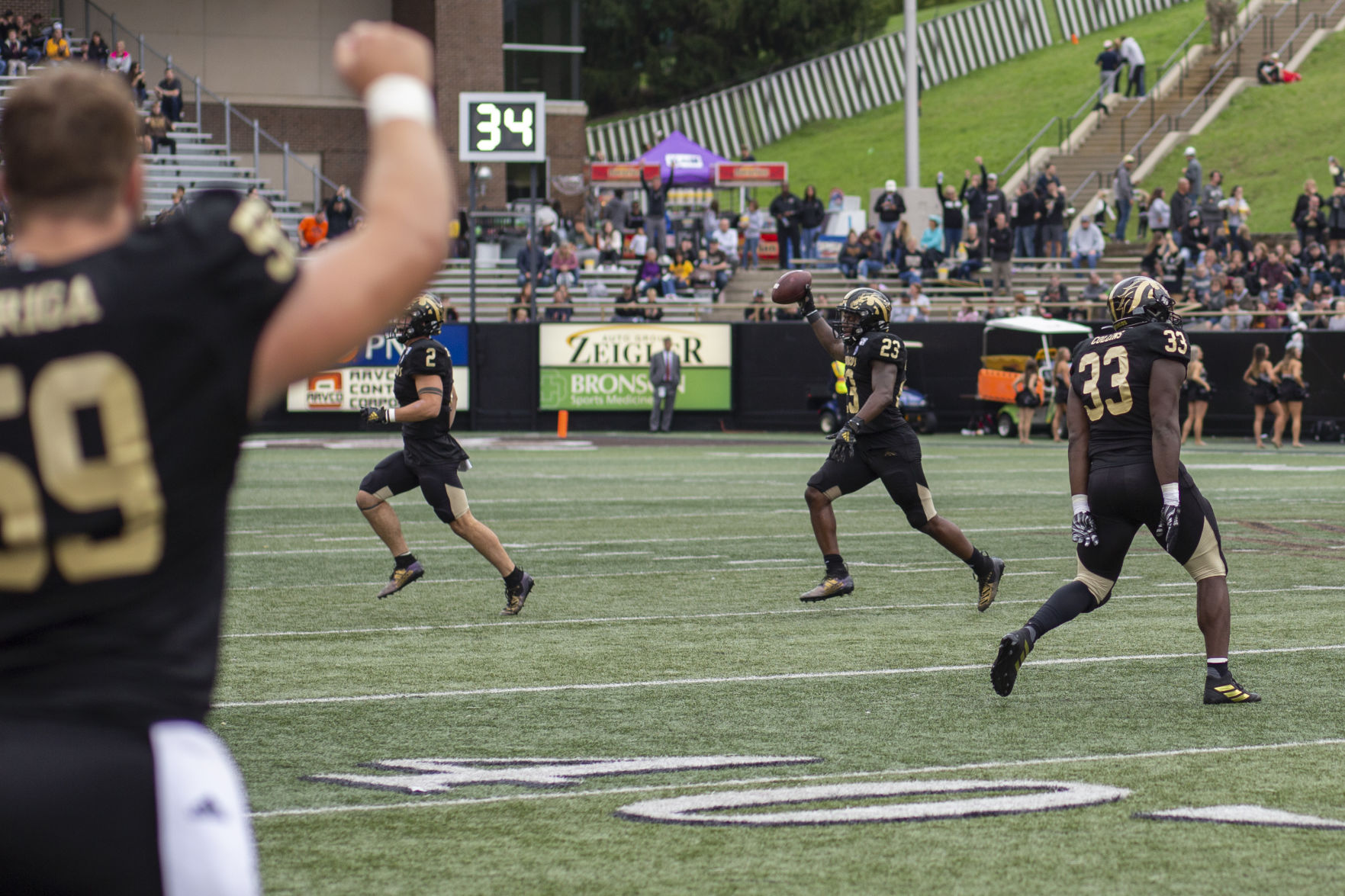 Linebacker Treshaun Hayward celebrates collecting a loose ball during the second half of the game against CMU at Waldo Stadium, Saturday Sept. 28, 2019.